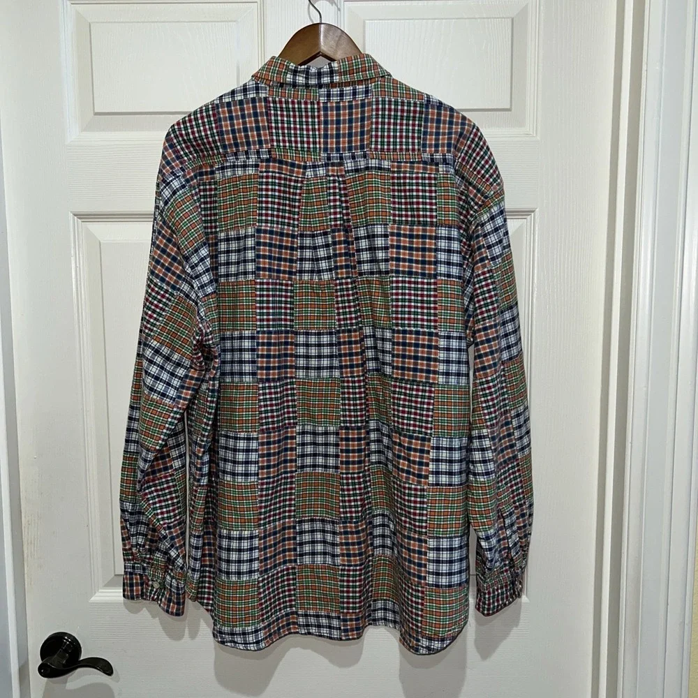 Vtg J. Crew Oarsman Multicolor Patchwork Madras Plaid Button Down Shirt Men XL